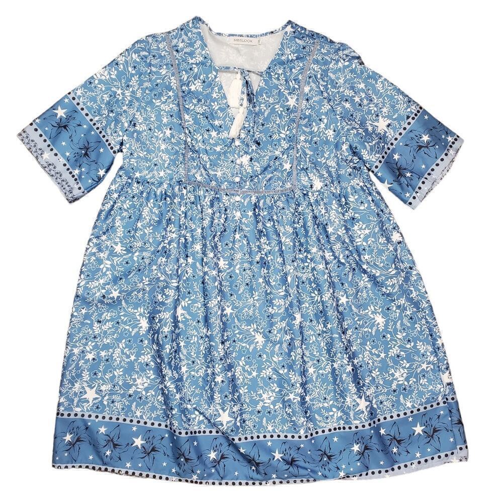 Misslook Women Short Sleeves Blue Floral Tassel Mini Babydoll Summer Dress 3XL